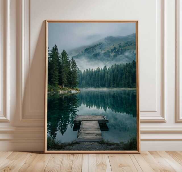 Misty Lake Poster, Nature Landscape Wall Art, Tranquil Forest & Mountain Print, Scenic Outdoor Photography Home Decor - image 1