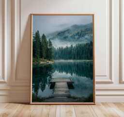 Misty Lake Poster, Nature Landscape Wall Art, Tranquil Forest & Mountain Print, Scenic Outdoor Photography Home Decor - thumbnail 1