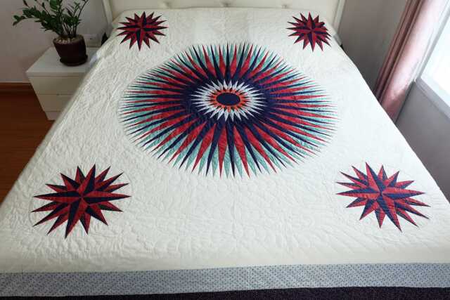 Custom Amish Starburst Quilt, Hand-Quilted Red & Navy Patchwork Bedspread, Made-To-Order Heirloom Bedding, Queen To Cal King D??cor - image 1