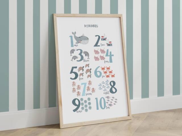 Numbers Print, Under The Ocean Boy Nursery, Nautical Nursery Educational Scandi Decor, Playroom Kids Wall Art - image 1