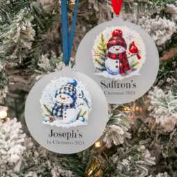 Personalised Snowman Baby's 1st Christmas Acrylic Bauble Tree Ornament - thumbnail 2