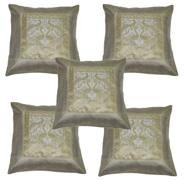 Traditional Elephant Peacock Banarasi Silk Cushion Cover, Home Decor Square Brocade Pillow Handmade Cover Set Throw - image 1