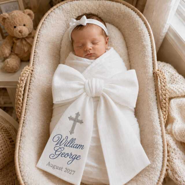 Christian Cross Embroidered Newborn Bow Sash, Custom Baby Girl Boy Hospital Swaddle, Picture Prop, Shower Gift - image 1