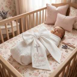 Christian Cross Embroidered Newborn Bow Sash, Custom Baby Girl Boy Hospital Swaddle, Picture Prop, Shower Gift - thumbnail 3
