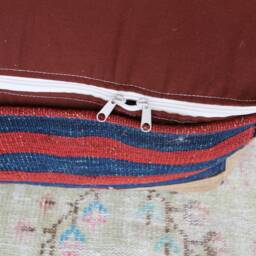 Vintage Turkish Kilim Rug Pouf, Red Wool Floor Ottoman - thumbnail 4