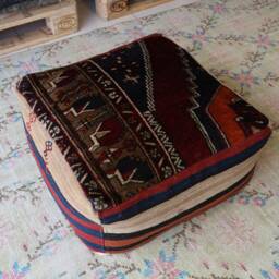 Vintage Turkish Kilim Rug Pouf, Red Wool Floor Ottoman - thumbnail 3