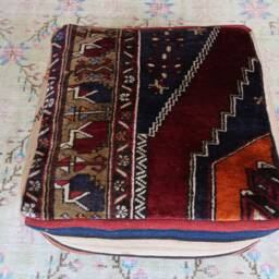 Vintage Turkish Kilim Rug Pouf, Red Wool Floor Ottoman - thumbnail 2