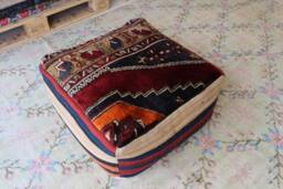 Vintage Turkish Kilim Rug Pouf, Red Wool Floor Ottoman - thumbnail 1