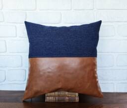 Color Block Pillow Cover Cognac Faux Leather & Denim - 18x18''