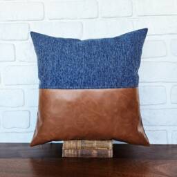 Color Block Pillow Cover Cognac Faux Leather & Denim - 18x18'' - thumbnail 3