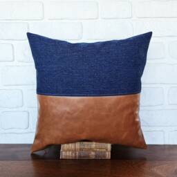Color Block Pillow Cover Cognac Faux Leather & Denim - 18x18'' - thumbnail 2
