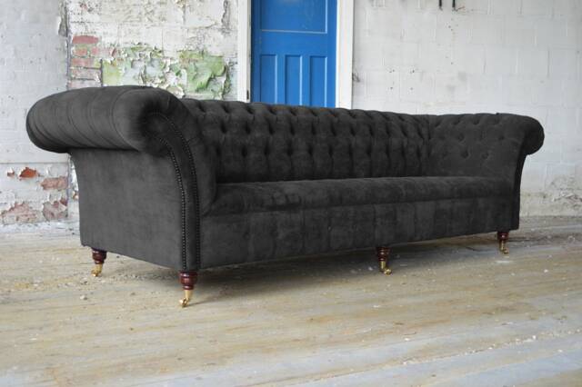 British Handmade 4 Seater Black Textured Velvet Chesterfield Sofa - image 1
