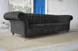 British Handmade 4 Seater Black Textured Velvet Chesterfield Sofa - thumbnail 1