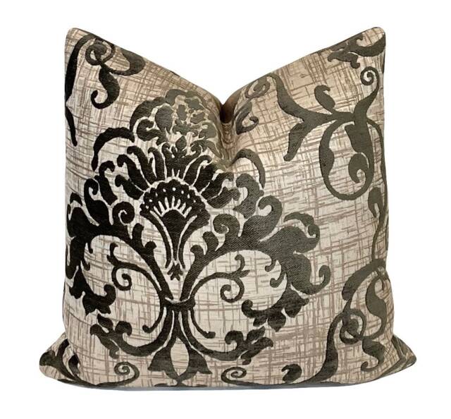 Taupe & Charcoal Contemporary Chenille Damask Pillow Cover - Home Decor Designer Throw - image 1