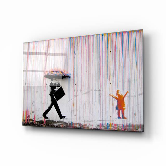 Rainbow Rain Street Art Tempered Glass Wall - Banksy Canvas, Art, Design, Colourful Rain, Panel - image 1