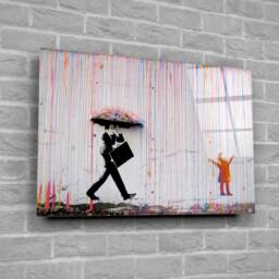 Rainbow Rain Street Art Tempered Glass Wall - Banksy Canvas, Art, Design, Colourful Rain, Panel - thumbnail 3