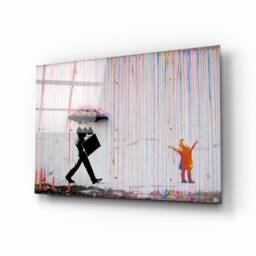 Rainbow Rain Street Art Tempered Glass Wall - Banksy Canvas, Art, Design, Colourful Rain, Panel - thumbnail 1
