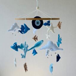 Ocean Baby Mobile For Nursery, Evil Eye Personalized Girl & Boy, Shower Gift, Hanging Crib Animal Mobile, Newborn Present - thumbnail 3