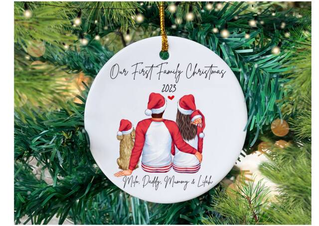 Our First Family Christmas Bauble, Baby's 1st Xmas Tree Decoration, Gift For New Parents, Pet Dog V1 - image 1