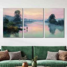 Fly Fishing River 3 Panel Split Canvas Wall Art Misty Dawn Landscape Angler Casting Oil Painting Framed Home Decor Outdoor Sport - thumbnail 2