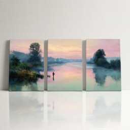 Fly Fishing River 3 Panel Split Canvas Wall Art Misty Dawn Landscape Angler Casting Oil Painting Framed Home Decor Outdoor Sport - thumbnail 3