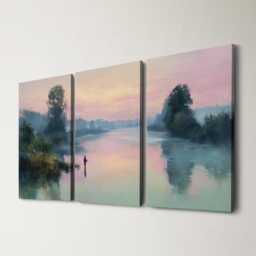 Fly Fishing River 3 Panel Split Canvas Wall Art Misty Dawn Landscape Angler Casting Oil Painting Framed Home Decor Outdoor Sport