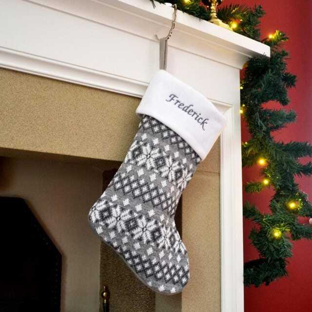 Luxury Knitted Reindeer Christmas Stocking - Personalised Embroidered Name Silver Design UK Gift - image 1