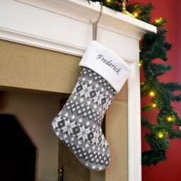 Luxury Knitted Reindeer Christmas Stocking - Personalised Embroidered Name Silver Design UK Gift
