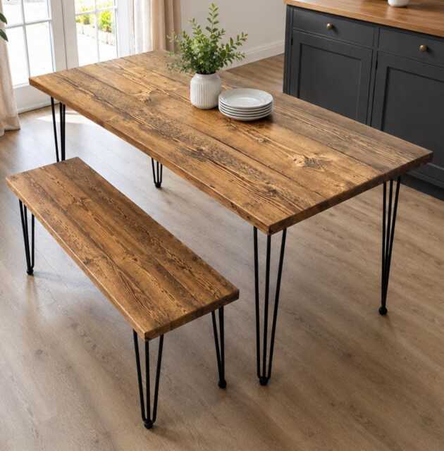 Reclaimed Wood Dining Table With Optional Benches - Black Hairpin Legs, Handmade in UK - image 1