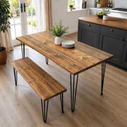 Reclaimed Wood Dining Table With Optional Benches - Black Hairpin Legs, Handmade in UK - thumbnail 3