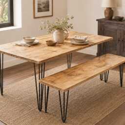 "Reclaimed Wood Dining Table Set 74cm/28"" - Handmade UK With Optional Hairpin Leg Benches 28" - thumbnail 4