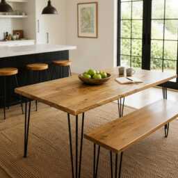 "Reclaimed Wood Dining Table Set 74cm/28"" - Handmade UK With Optional Hairpin Leg Benches 28" - thumbnail 2
