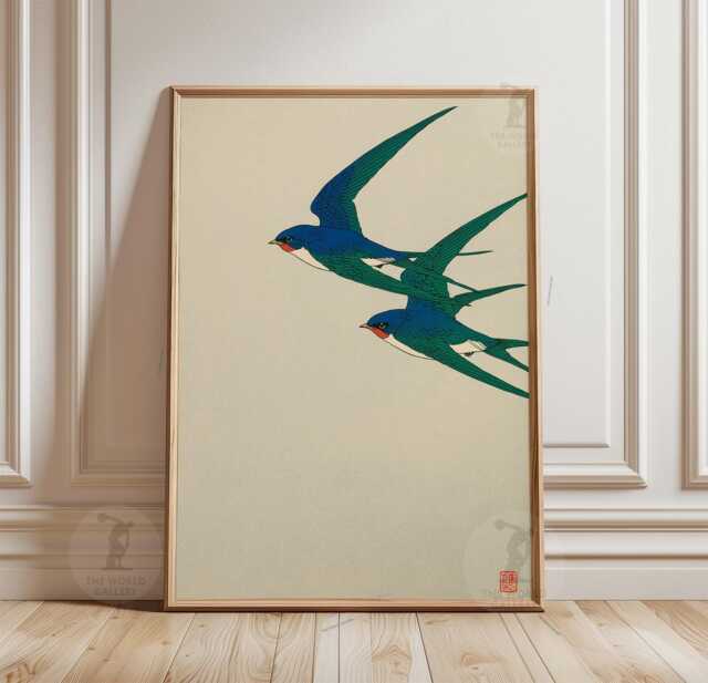 Teal Japanese Swallow Poster - Minimalist Bird Wall Art Woodblock Style Nature Print - image 1