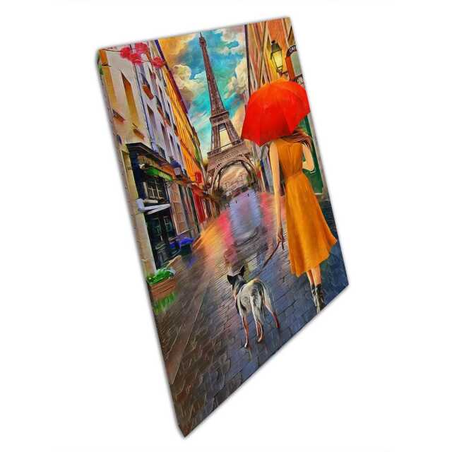 Parisian Rain Scene Woman Walking Dog By Eiffel Tower - Canvas Oil Painting Print For Home Decor - image 1