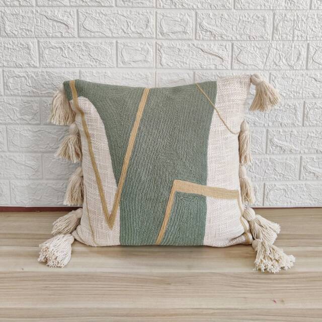 Light Green - Sage Green & Ivory Crewel Embroidered Textured Tassels Throw Pillow Cover - Boho Decorative Handmade Pom Cushion - image 1