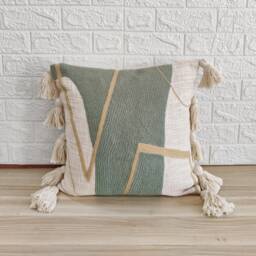 Light Green - Sage Green & Ivory Crewel Embroidered Textured Tassels Throw Pillow Cover - Boho Decorative Handmade Pom Cushion - thumbnail 1
