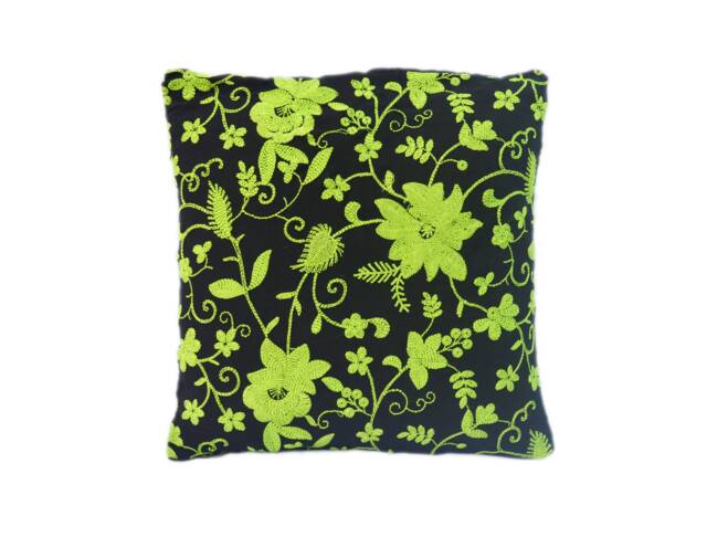 Embroidered Accent Pillow Cover - Throw Ring Cushion Decorative Handmade - Limegreen & Black 12 - image 1