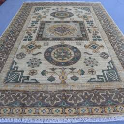 5x7 Afghan Khotan Rug - Beige Brown Turkmen Hand Knotted Wool Natural Dyes Geometric Medallion Oriental Living Room Carpet - thumbnail 3