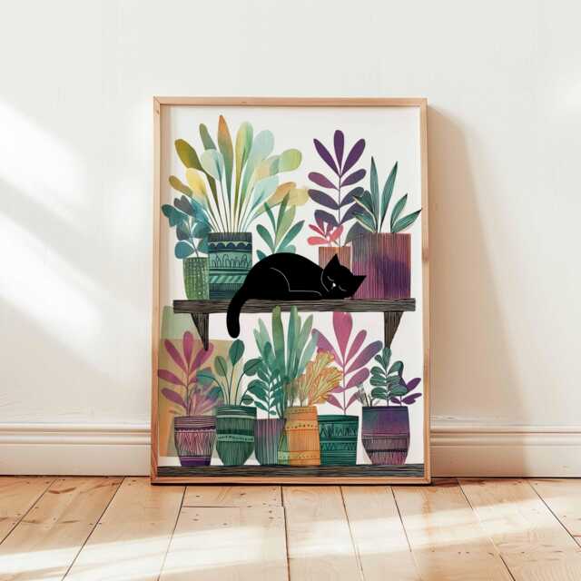 Boho Cat & Plants Poster - Colorful Indoor Jungle Wall Art, Sleeping Black Print, Botanical Shelf Decor, Unframed Design