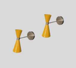 Mid Century Modern Sconce - Atomic Style Wall Lamp Yellow Metal Cone Shade Pair - thumbnail 1