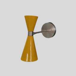 Mid Century Modern Sconce - Atomic Style Wall Lamp Yellow Metal Cone Shade Pair - thumbnail 3
