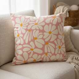 Retro Pink Daisy Floral Cushion, Boho Style Soft Chenille Decorative Home Gift UK - thumbnail 3