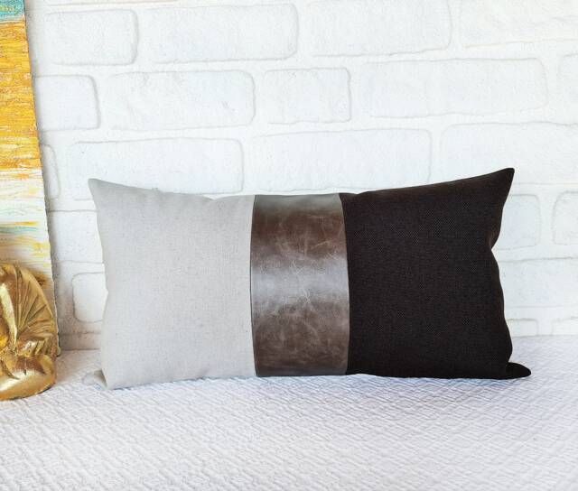 Color Block Lumbar Pillow Cover Black Linen & Gray Faux Leather - image 1