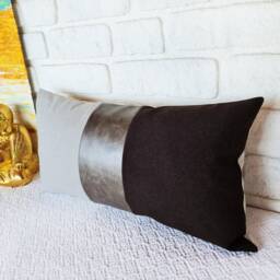 Color Block Lumbar Pillow Cover Black Linen & Gray Faux Leather - thumbnail 2