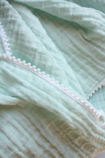 Oversized Muslin Baby Blanket, Mint Swaddle Pom Trim Blanket - image 1