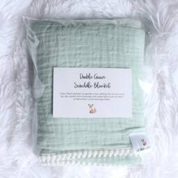 Oversized Muslin Baby Blanket, Mint Swaddle Pom Trim Blanket - thumbnail 2