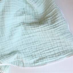 Oversized Muslin Baby Blanket, Mint Swaddle Pom Trim Blanket - thumbnail 3