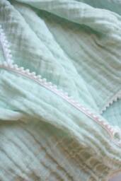 Oversized Muslin Baby Blanket, Mint Swaddle Pom Trim Blanket - thumbnail 1