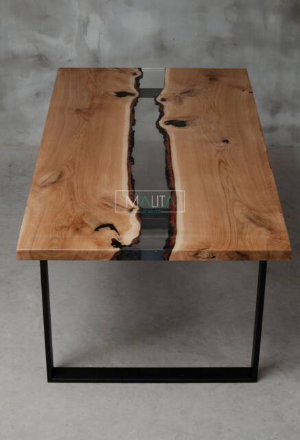 Custom Live Edge Table Made Of Oak Wood, Epoxy With Steel Legs, Uv Resin Table, Modern Dining River Conference Table - image 1