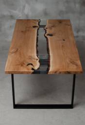 Custom Live Edge Table Made Of Oak Wood, Epoxy With Steel Legs, Uv Resin Table, Modern Dining River Conference Table - thumbnail 1